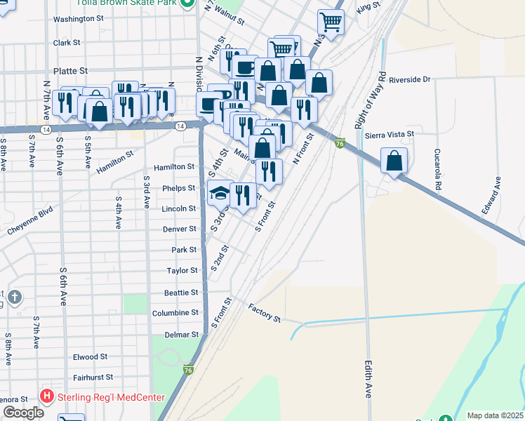 map of restaurants, bars, coffee shops, grocery stores, and more near 201 South Front Street in Sterling