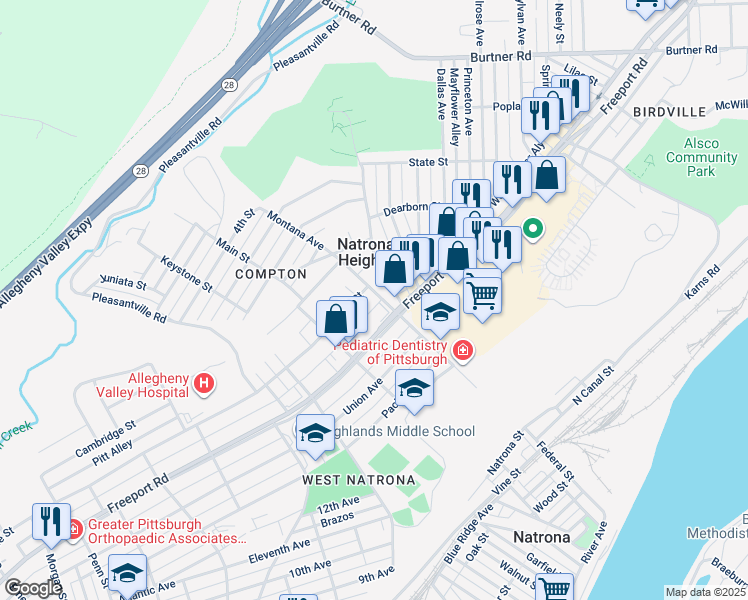 map of restaurants, bars, coffee shops, grocery stores, and more near 1009 Montana Avenue in Natrona Heights