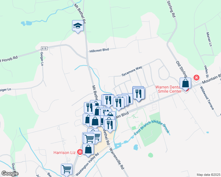 map of restaurants, bars, coffee shops, grocery stores, and more near 20 Cottonwood Lane in Warren