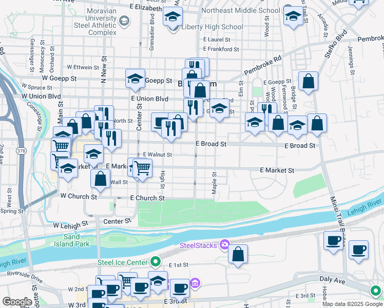 map of restaurants, bars, coffee shops, grocery stores, and more near 528 Linden Street in Bethlehem