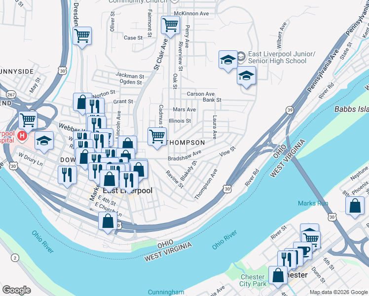 map of restaurants, bars, coffee shops, grocery stores, and more near 629 Riley Avenue in East Liverpool