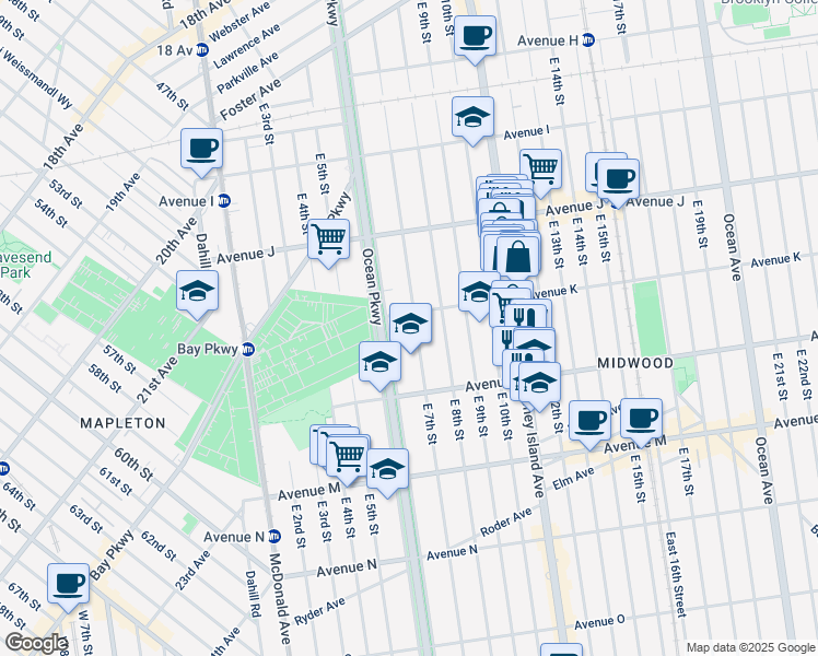 map of restaurants, bars, coffee shops, grocery stores, and more near 1115 Ocean Parkway Service Road in Brooklyn