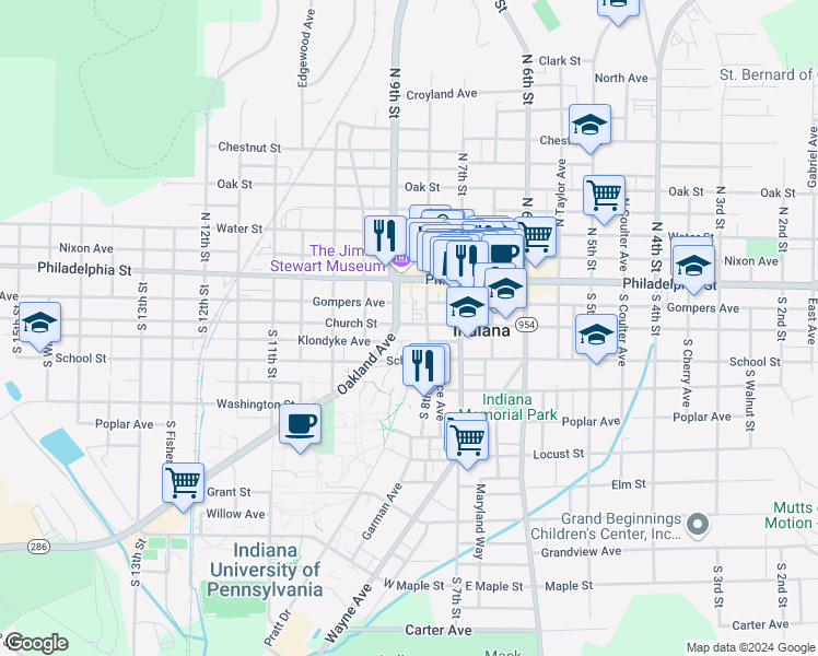 map of restaurants, bars, coffee shops, grocery stores, and more near 832 Church Street in Indiana