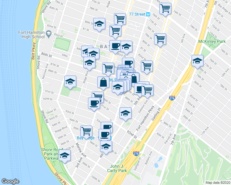 map of restaurants, bars, coffee shops, grocery stores, and more near 356 88th Street in Brooklyn