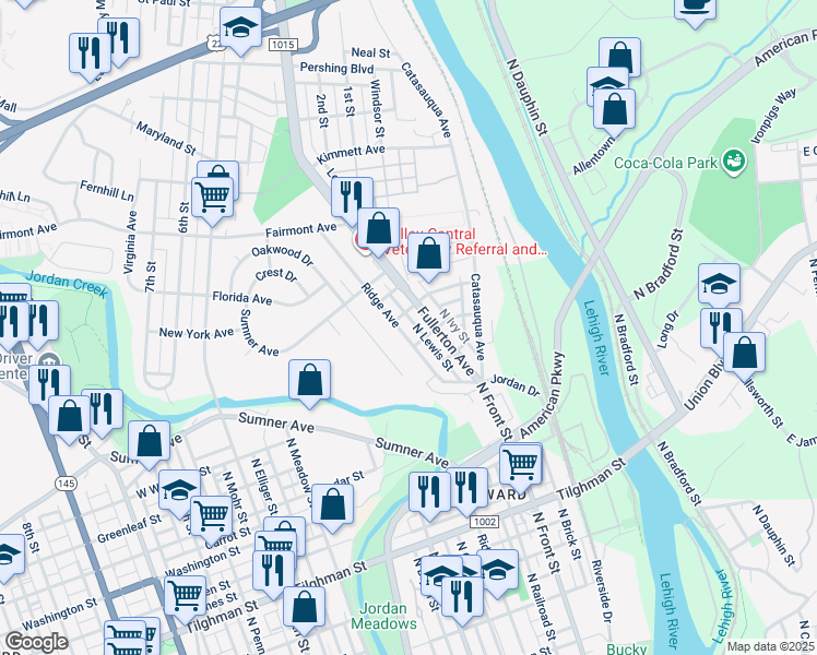 map of restaurants, bars, coffee shops, grocery stores, and more near 1115 Ridge Avenue in Allentown