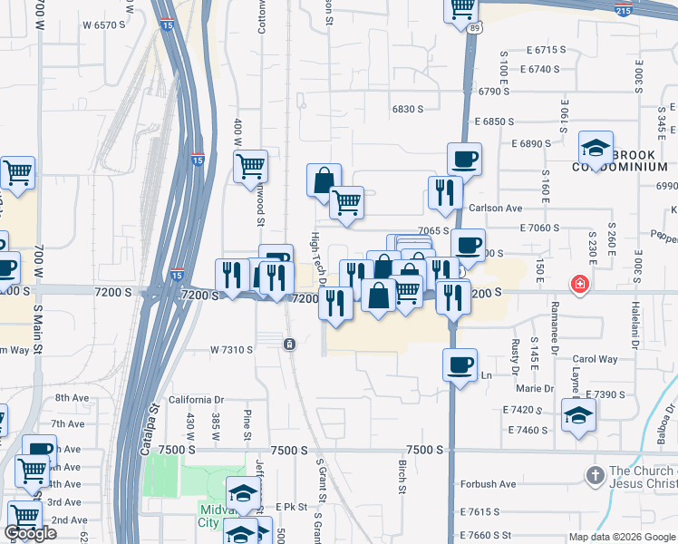 map of restaurants, bars, coffee shops, grocery stores, and more near 144 West 7200 South in Midvale