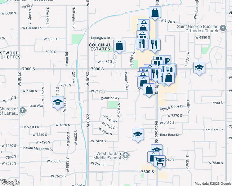 map of restaurants, bars, coffee shops, grocery stores, and more near 2047 West 7125 South in West Jordan