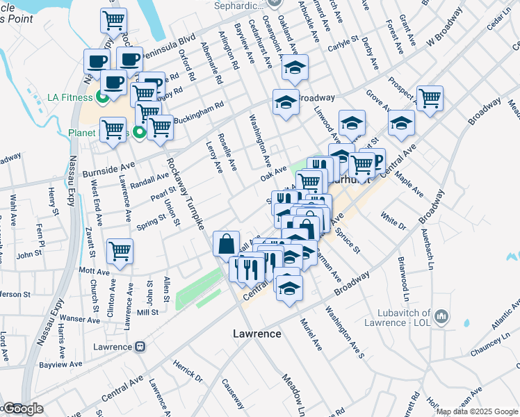 map of restaurants, bars, coffee shops, grocery stores, and more near 376 Summit Avenue in Cedarhurst