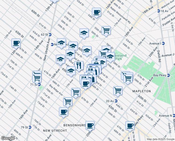 map of restaurants, bars, coffee shops, grocery stores, and more near 1717 63rd Street in Brooklyn