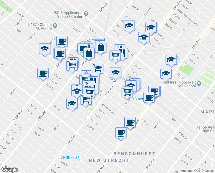 map of restaurants, bars, coffee shops, grocery stores, and more near 6615 Duryea Court in Brooklyn