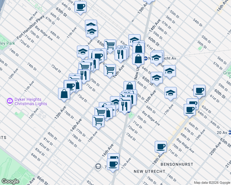map of restaurants, bars, coffee shops, grocery stores, and more near 1438 Bay Ridge Avenue in Brooklyn