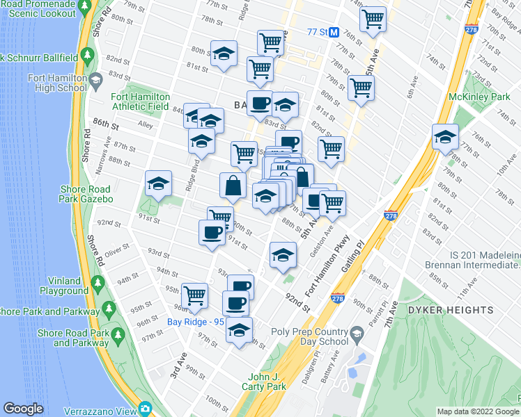map of restaurants, bars, coffee shops, grocery stores, and more near 8812-14 4th Avenue in Brooklyn