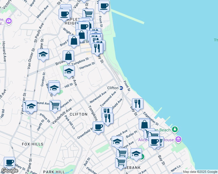 map of restaurants, bars, coffee shops, grocery stores, and more near 25 Norwood Avenue in Staten Island