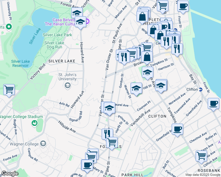 map of restaurants, bars, coffee shops, grocery stores, and more near 737 Van Duzer Street in Staten Island