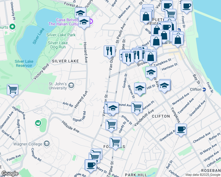 map of restaurants, bars, coffee shops, grocery stores, and more near 737 Van Duzer Street in Staten Island