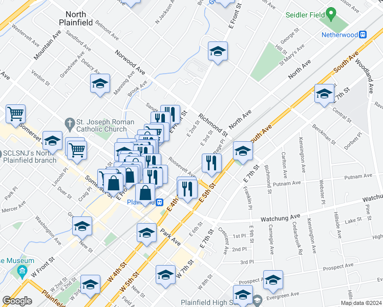 map of restaurants, bars, coffee shops, grocery stores, and more near 313 East 3rd Street in Plainfield