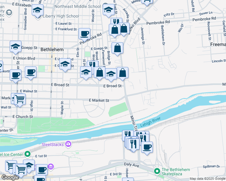map of restaurants, bars, coffee shops, grocery stores, and more near 634 East Broad Street in Bethlehem