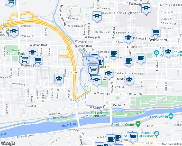 map of restaurants, bars, coffee shops, grocery stores, and more near 533 Main Street in Bethlehem