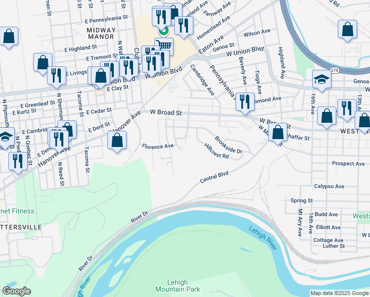 map of restaurants, bars, coffee shops, grocery stores, and more near 2101 Florence Avenue in Bethlehem