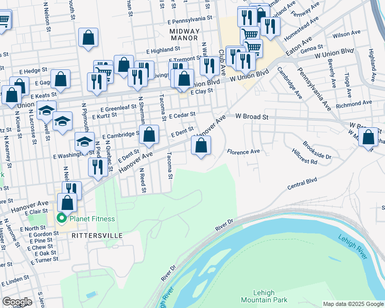 map of restaurants, bars, coffee shops, grocery stores, and more near 2124 Hanover Avenue in Allentown