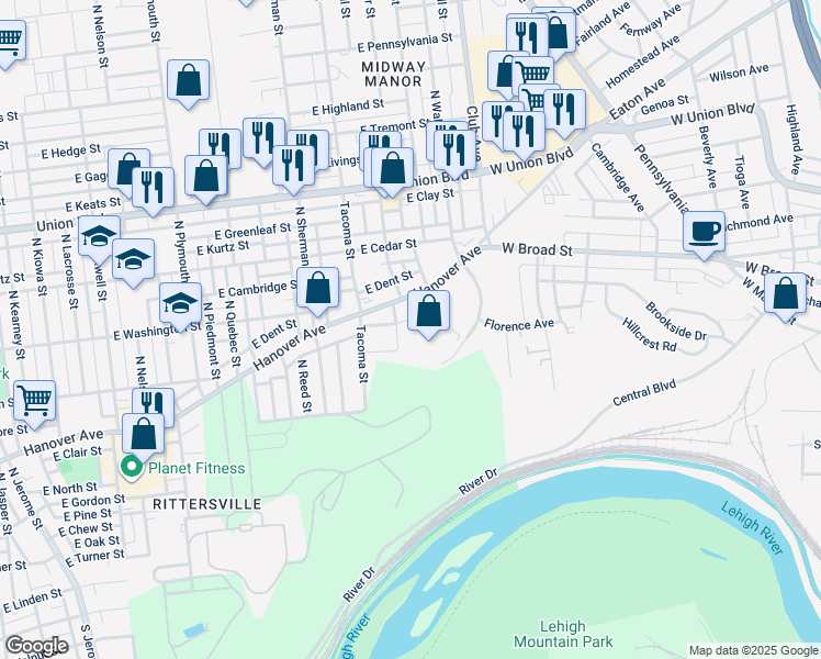 map of restaurants, bars, coffee shops, grocery stores, and more near 2124 Hanover Avenue in Allentown