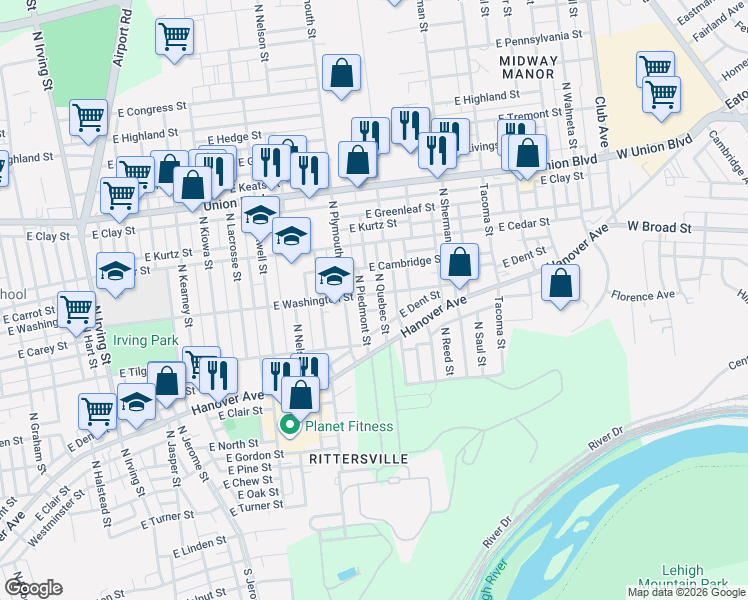 map of restaurants, bars, coffee shops, grocery stores, and more near 1638 East Washington Street in Allentown