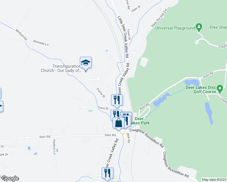map of restaurants, bars, coffee shops, grocery stores, and more near 40 McKrell Road in Russellton