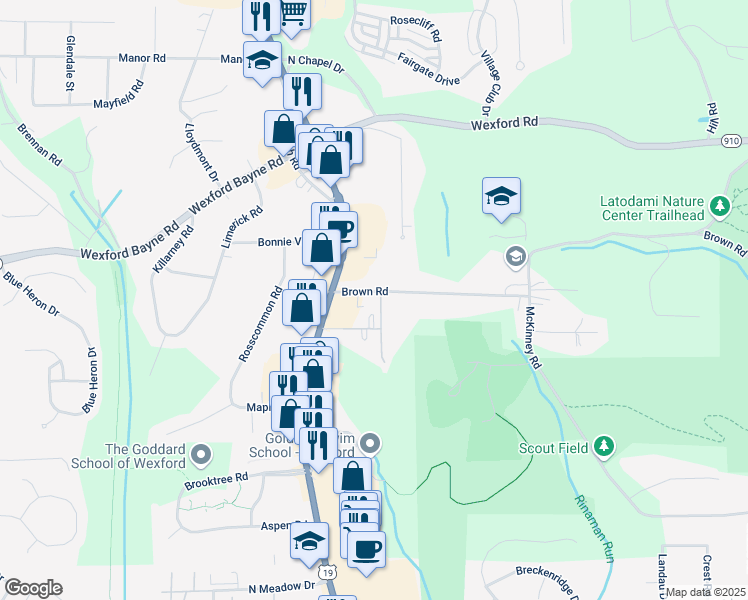 map of restaurants, bars, coffee shops, grocery stores, and more near 131 Brown Road in Wexford