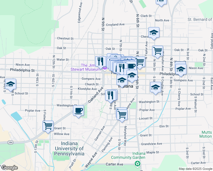 map of restaurants, bars, coffee shops, grocery stores, and more near 830 Church Street in Indiana