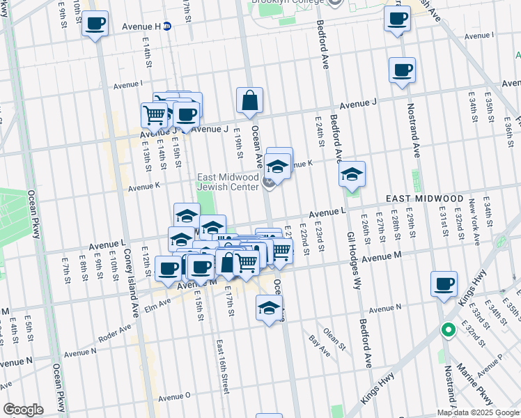 map of restaurants, bars, coffee shops, grocery stores, and more near 1662 Ocean Avenue in Brooklyn