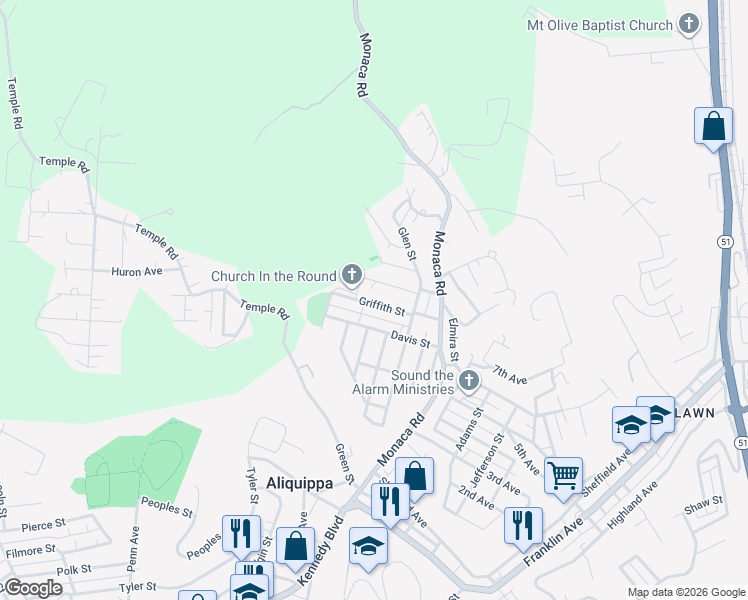 map of restaurants, bars, coffee shops, grocery stores, and more near 732 Griffith Street in Aliquippa