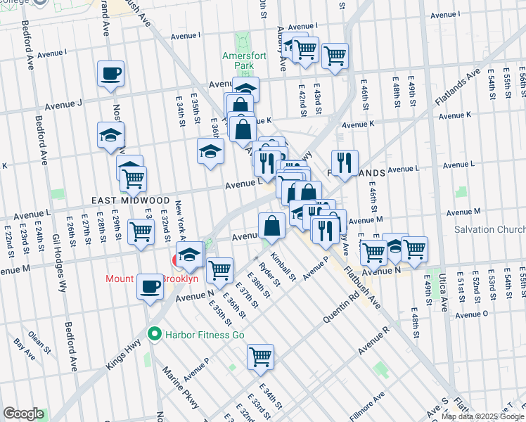 map of restaurants, bars, coffee shops, grocery stores, and more near 1343 East 38th Street in Brooklyn