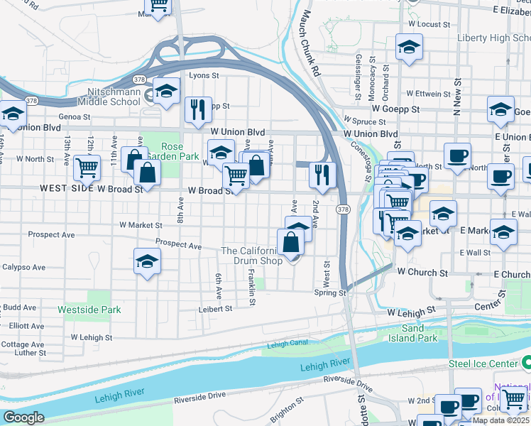 map of restaurants, bars, coffee shops, grocery stores, and more near 521 4th Avenue in Bethlehem