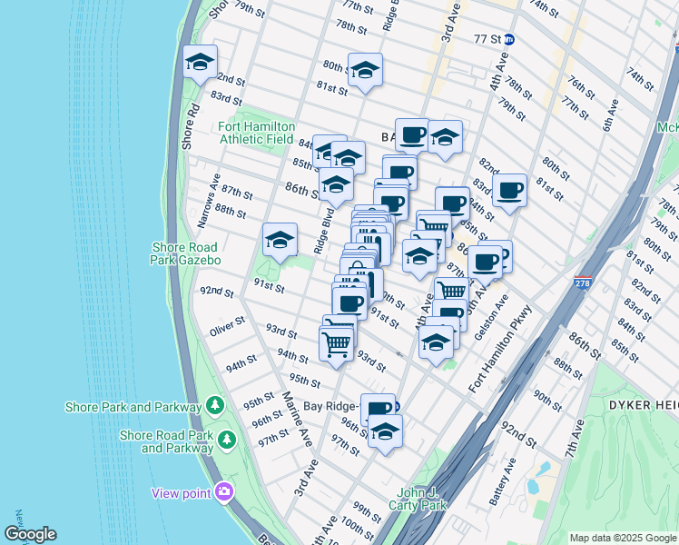 map of restaurants, bars, coffee shops, grocery stores, and more near 226 89th Street in Brooklyn