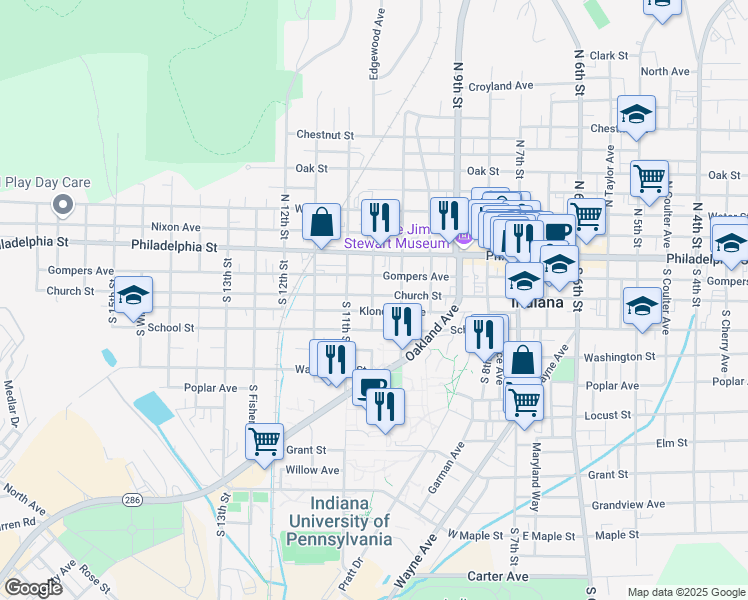 map of restaurants, bars, coffee shops, grocery stores, and more near 1038 Church Street in Indiana
