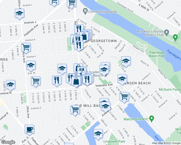 map of restaurants, bars, coffee shops, grocery stores, and more near 1338 East 66th Street in Brooklyn