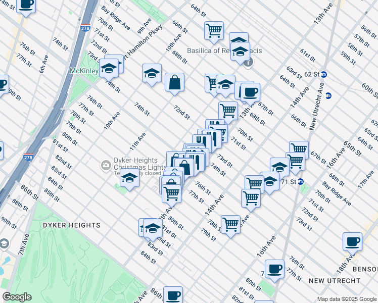 map of restaurants, bars, coffee shops, grocery stores, and more near 1232 74th Street in Brooklyn