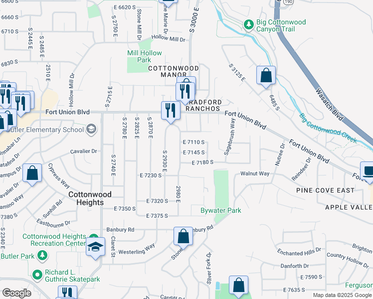 map of restaurants, bars, coffee shops, grocery stores, and more near 2995 East 7145 South in Cottonwood Heights