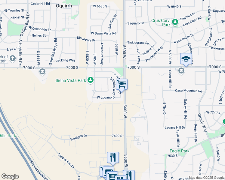 map of restaurants, bars, coffee shops, grocery stores, and more near 7134 South Rialto Way in West Jordan