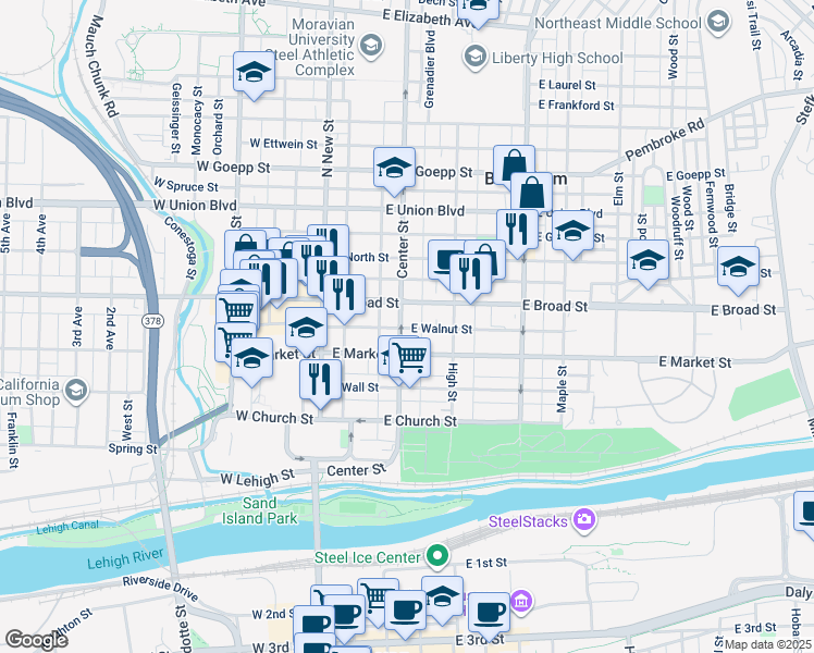 map of restaurants, bars, coffee shops, grocery stores, and more near 528 Center Street in Bethlehem