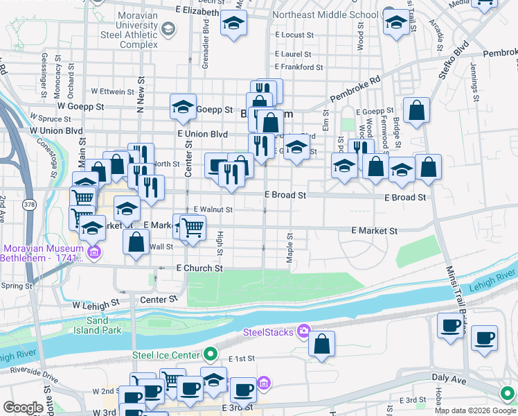 map of restaurants, bars, coffee shops, grocery stores, and more near in Bethlehem