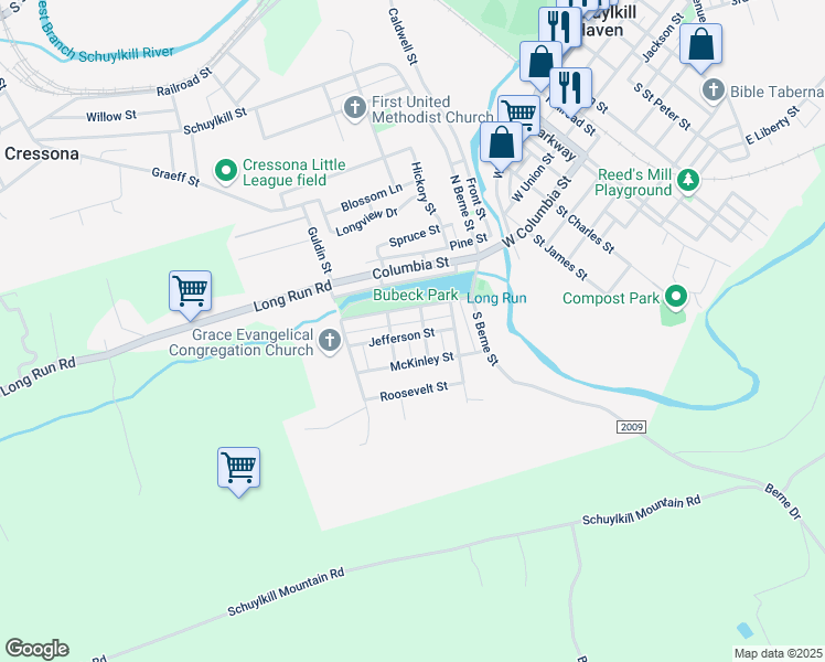 map of restaurants, bars, coffee shops, grocery stores, and more near 104 Jefferson Street in Schuylkill Haven