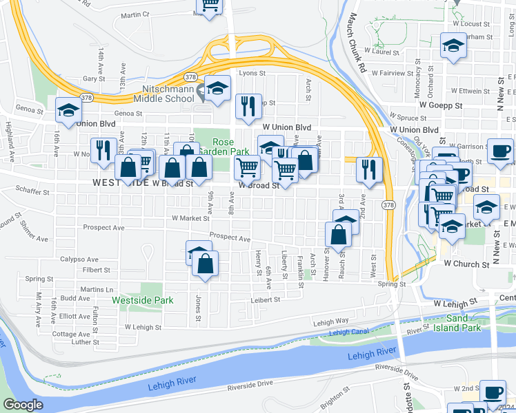 map of restaurants, bars, coffee shops, grocery stores, and more near 520 7th Avenue in Bethlehem