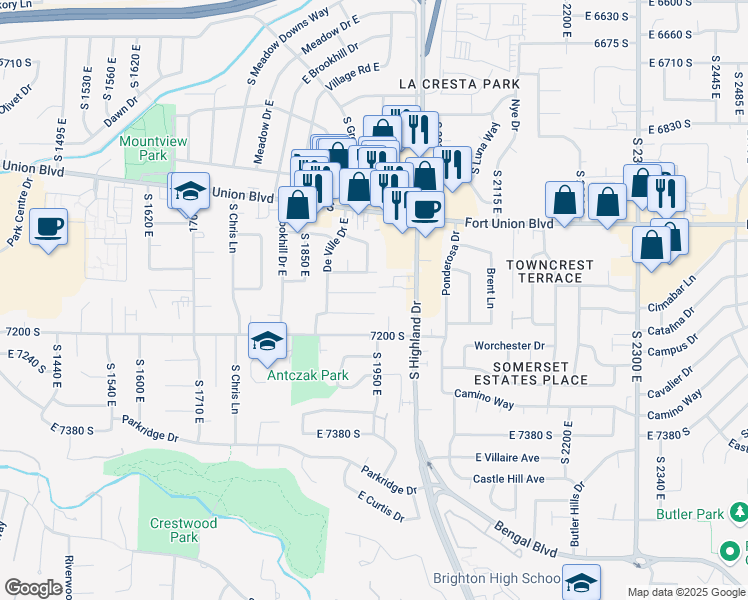 map of restaurants, bars, coffee shops, grocery stores, and more near 1938 East 7130 South in Cottonwood Heights