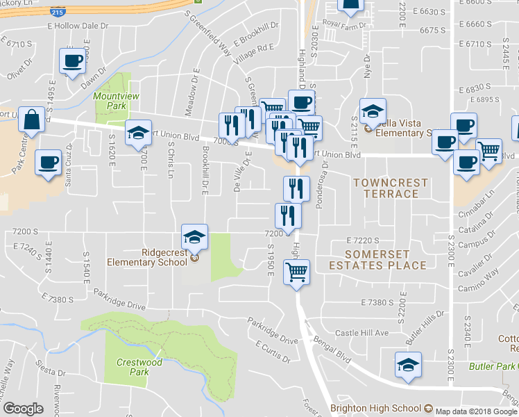 map of restaurants, bars, coffee shops, grocery stores, and more near 1920 East 7130 South in Cottonwood Heights