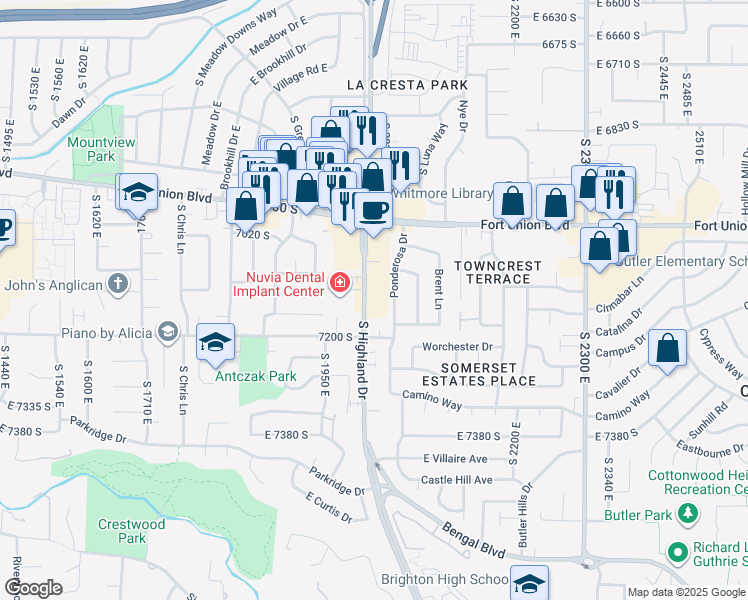 map of restaurants, bars, coffee shops, grocery stores, and more near 7135 2000 East in Cottonwood Heights