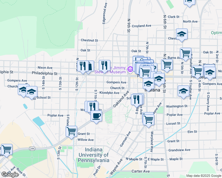 map of restaurants, bars, coffee shops, grocery stores, and more near 1002 Church Street in Indiana