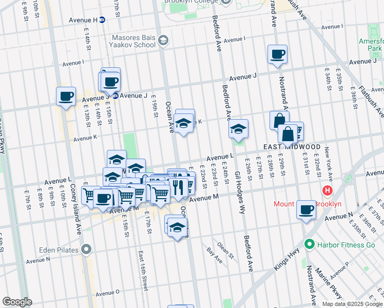 map of restaurants, bars, coffee shops, grocery stores, and more near 1301 East 21st Street in Brooklyn