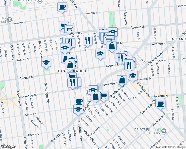 map of restaurants, bars, coffee shops, grocery stores, and more near 1394 East 34th Street in Brooklyn