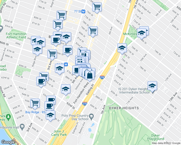 map of restaurants, bars, coffee shops, grocery stores, and more near 580 84th Street in Brooklyn
